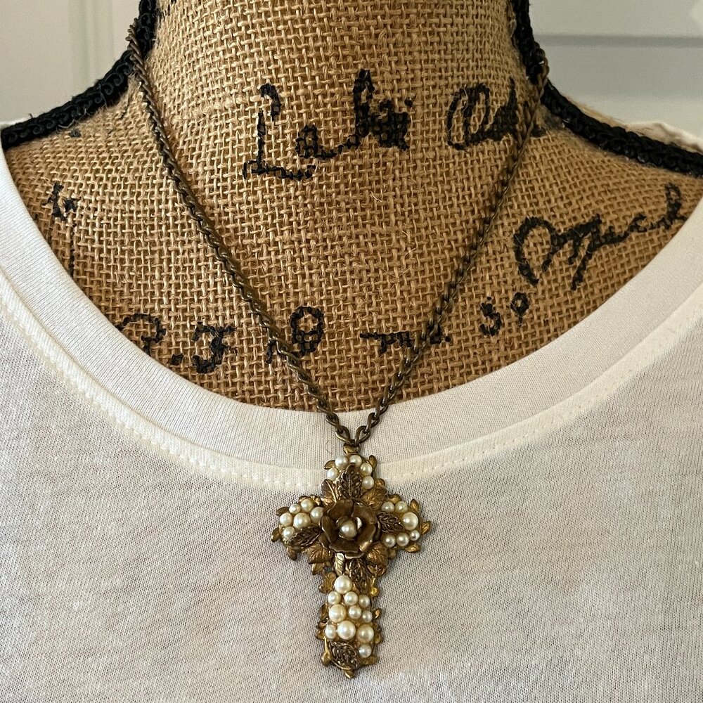 Cross Necklace. Handmade, one of a kind, pearl and metal necklace